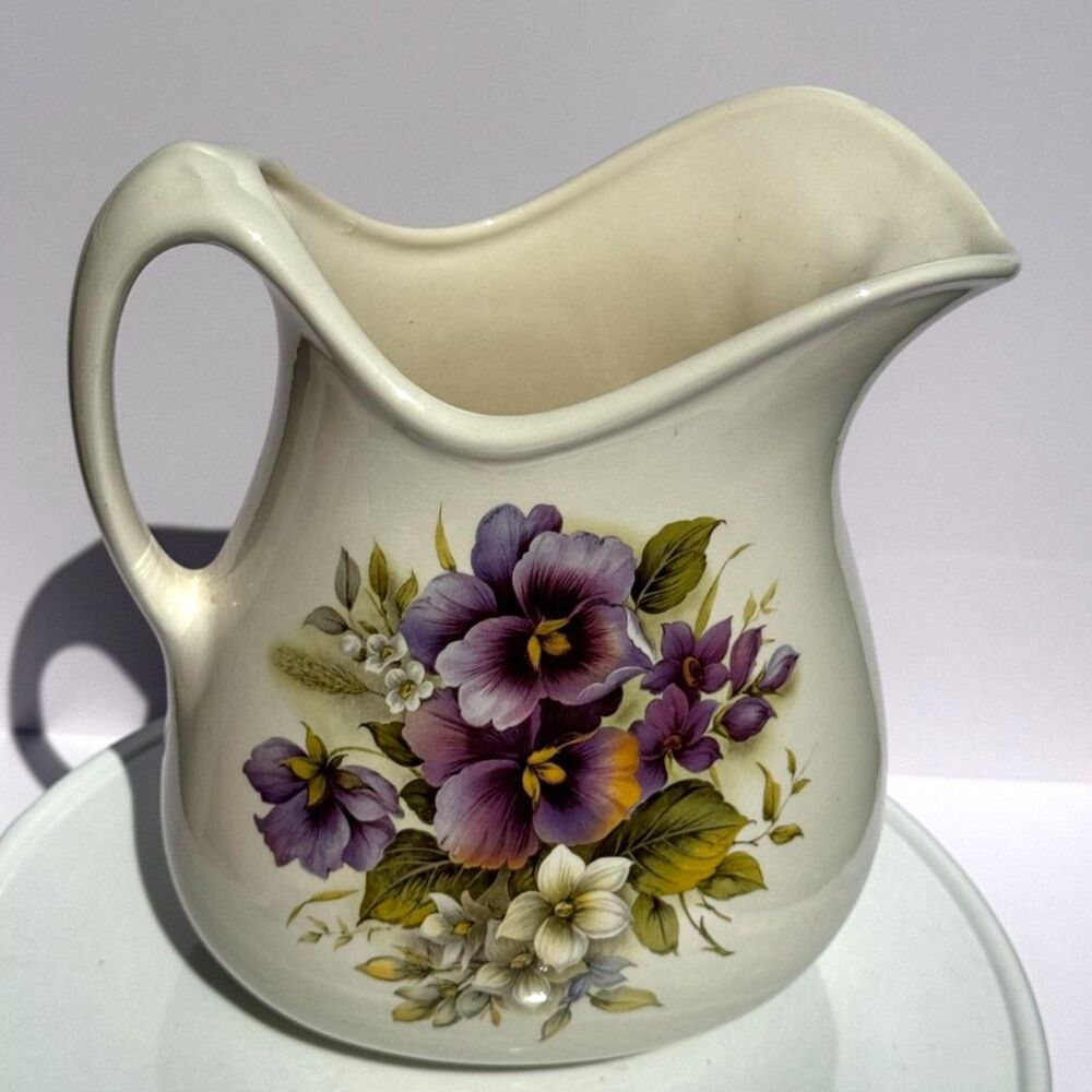 Beautiful vintage Crownford Ironstone Water Pitcher Pansies